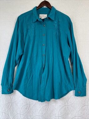 Vintage Longhorn Shirt By Niver Western Rayon Blouse Women XL Teal Blue Cowgirl
